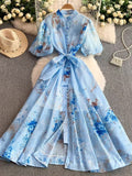Court-Style Retro-Print Collar Bubble-Sleeved Dress Women's Summer Straps To The Waists To Show A Thin Swollen Dress