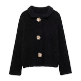 2025 Women's Autumn And Winter New Fashion Flower-Shaped Buckle Knitted Sweater Cardigan Jacket
