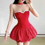 2025 Winter Women's New Fashion Hottie Bump Color Palming Body Splicing Flower Boobs Dress Dress