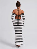 2025 New Hottie Women's Suit Summer Striped Long-Sleeved Hanging Neck Top Skirt Two-Piece Women
