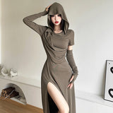 In The Fall Of 2025, The New Women's Folded Hooded Desert Body Repair Waist-Skin Open-Fork-Packed Dress