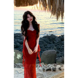 Seaside Holiday Style Temperament Sexy Irregular Dress Red Ribbon Bag Hip Dress