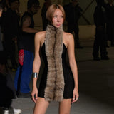 Fashion 2025 Autumn New Women's Sexy Hanging Neck Hairy Neck Stitching Bump Color Bag Hip Dress