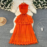 Light Luxury High-End Feeling Sleeveless Dress Women's Summer Lotus Leaves Side Waist Temperament Niche Chic Beautiful Long Dress