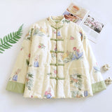 Chinese Style Buckle Coat Cotton Jacket Women's Fashion Elegant Warm Cotton Clothes National Tide Printing Cotton Coat