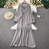 Lazy Wind Leisure Two Sets Of Women Loose Outside Thin Long-Sleeved Shirt Cover Skinny Sling Dress