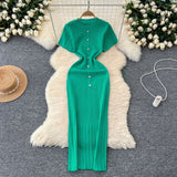 Congyuan Style Temperament Knitting New High-End Collar Single Buckle Short Sleeve Slimming French Style Long Dress