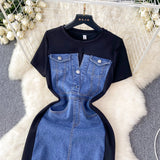 2025 Net Red New Niche Round Collar Short Sleeve Splicing Denim Dress Women Senior Feel Waist-Wear Two Long Skirts