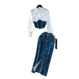 Korean Version Of The Goddess Fan Fashion Splicing Two Long-Sleeved Shirt Women Belt Belts Waist Cowboy Half Dress Two Sets