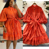 2025 Spring And Summer New Lantern Sleeve Retro Hollow Lace Splicing Single Buckle Loose Lace Dress Dress Woman