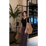 Casual Summer New Relaxation Black Short-Sleeved T-Shirt Blouse High-Waist Purple Color Tying Strap A-Word Half-Dress Woman