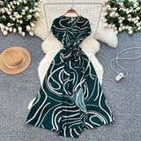 2025 Summer New Small High-End Sense V-Neck Short-Sleeved Waist Irregular Open-Fork Print Dress Women's Long Dress