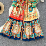 High-Grade Printed Dress Woman 2025 Spring Strap To Cover Collar Long Sleeve Single Row Buckle Folding Skirt