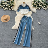 Fashion Suit Women's 2025 Summer Breeze ³é³érop Cord Short Bumper Collar Top High-Waisted Cowboy Broad Leggings