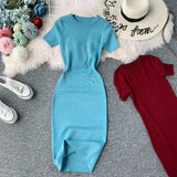 Short-Sleeved Solid-Color Temperament Round-Neck Knitted Tight Skirt Dress Bag Hip One-Step Skirt Dress Mid-Long Model