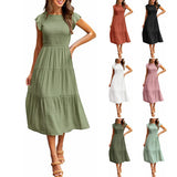 2025 Summer Hot Women's Clothing New To Take Flying Sleeves Pure Color Folding Short-Sleeved Dress Women
