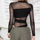 2025 Autumn Fashion Trend Women's New Sexy Perspective Mesh Repair Slim Thin-Skinned Blouse