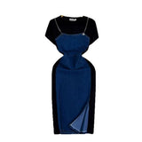 Fake Two Dresses Women's Korean Version Of The Fashion Round Neck Short Sleeves To Receive Waist Thin Denim Dress 0453