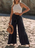 Women's Fashion Temperament Strap Spliced High-Waisted Folds Broad Leggings Casual Loose Trousers