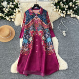 Three-House Folded Dress Women's Autumn 2025 Retro Collar Long Sleeves Loose A-Word Printing Skirt