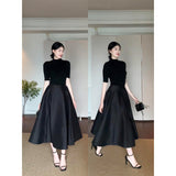 Hepburn Fashion Suit Pure Color Shoulder Five-Sleeve Top In Autumn Waist French Black Dress