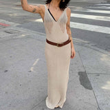2025 Summer In Women's New Hollow Perspective Sling Knitted V-Neckless Sleeveless Long Dress