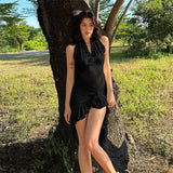 Spring 2025 Fashion Trend Women's New Hanging Neck Bare Back Body Solid Color Lotus Leaf Side Dress