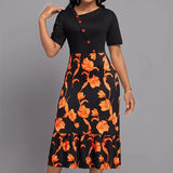 2025 Long-Waisted Temperament Commuter Black Dress Set Short-Sleeved Printed Dress