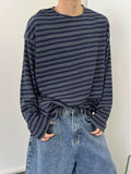 Men's Autumn New Lazy Ins Literature And Art Simple Loose Haired Round-Neck Striped Long-Sleeved T-Shirt Popular Temperament