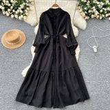 Vintage Fashion Casual Long-Sleeved Shirt Dress Women Loose Tidive With Long Skirt 0515
