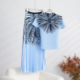 Miyaji Fashion Set Women's Summer French High-Grade Folding Print Short-Sleeved Top + Loose A Word 100-Fold Long Skirt