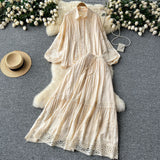 Age-Relay Suit Female Senior Sleeve Lace Splicing Lantern Long-Sleeved Shirt + High Waist Slim Swing Skirt
