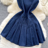 High-End Small Fashion Sleeker-Less Round-Necked Denim Dress Women's Summer Waists Thin Temperament 100-Folded Vest Dress