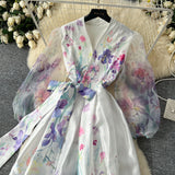 2025 Spring Spring Court Wind Positioning Print Cross V-Neck Tie With Belt Mesh Long Sleeves Spliced Dress