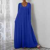 Summer New Long Dress Casual Loose Short Sleeve Pure Color V Collar Body Size Dress