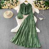 Gentle Style Pink Three-Dimensional Flower Collar Lantern Sleeve Shirt Lady Autumn High-Rise Dress Set