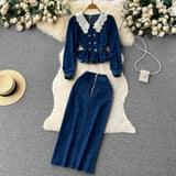 Spring New Retro Suit Female Lace Doll-Collar Denim Jacket + Medium And Long Bag Hip Skirt Two-Piece