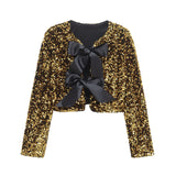 Women's 2025 Spring 2025 New V-Neck Bow Ornament Party Lien Slide Short Jacket Jacket