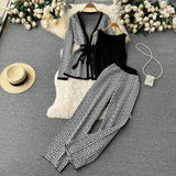 Oceanish Clopette Dress Dress Shawl Jacket + V-Neck Bottom Knitted Shirt + Broad Leg Trousers Three-Piece Set