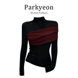 Temperament Oceanic Irregular Bottoming Shirt Women Autumn Half-High Collar Collar Head Thin Bumping Color Splicing Top