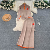 Extremely Simple Wind Bumpy Striped Knitted Sister Set With Long-Sleeved Sweater + High Waist Long Body Skirt Winter