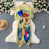 Small High-End Dress Women Design Feel Strapped Waist Bat Sleeve Pressure Fold Printing Irregular Dress Dress