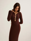 2025 New Women's Dress French Retro Solid Color V-Neck Long-Sleeved Bag Hip Knitted Dress