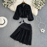 Vintage Temperament V-Neck Hollow Embroidered Lantern Sleeve Short Shirt Women Two Sets Hit High Waist Thin Word Half Skirt