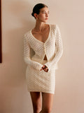 2025 Summer New Set Knitted Hollow Deep V Collar Long Sleeves Shirt Casual Skirt