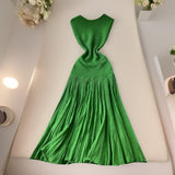 Light Luxury Famous Lady High Sense Sleeveless Knitted Dress Girl Summer Folds Splicing To Repair The Royal Sister Temperament Long