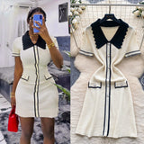 French Retro Trendy Polo Collar Short-Sleeved Dress Women's Summer Metal Buckle Waist Thin Knitted Skirt