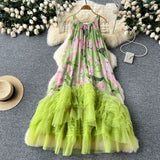 French Retro Court Style Design With A Sense Of Fashion Print Splicing Mesh Tau Pong Irregular Lotus Leaf-Side Dress Woman
