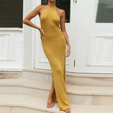 Ins Women's Sleeveless Temperament Open-Fork Dress Summer Knitted Sling Slings Sexy Bareback Long Shoulder Skirt