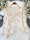 Irregular Cut-Cut Pattern Round-Neck Long-Sleeved Lace Women's Shirt 2025 Summer High-End Elegant Outerwear